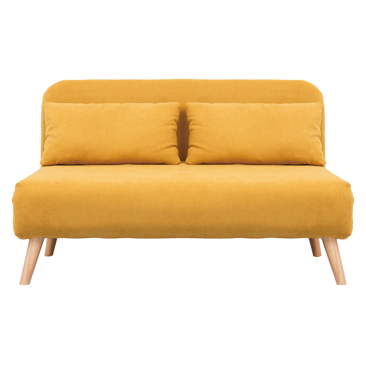 Chauffeuse 2 places convertible en tissu effet velours moutarde et bois clair AMIKO
