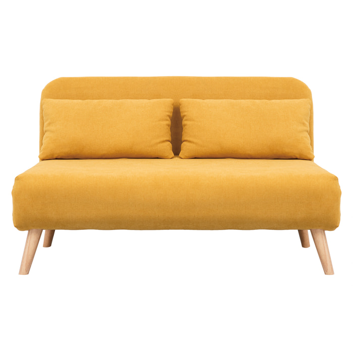 Chauffeuse 2 places convertible en tissu effet velours moutarde et bois clair AMIKO