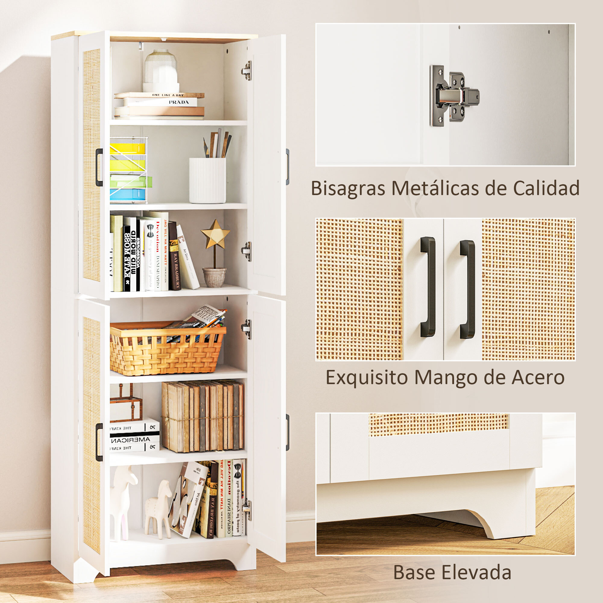 Alacena de Cocina Aparador de Cocina Mueble Auxiliar de Cocina con Estantes Ajustables Puertas de Ratán y Sistema Anti-vuelco 60x30x170 cm Blanco