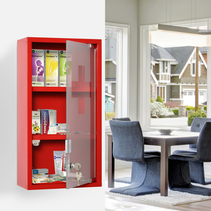 Armoire à pharmacie 2 étagères 3 niveaux verrouillable porte verre trempé dépoli logo croix 25L x 12l x 48H cm acier rouge