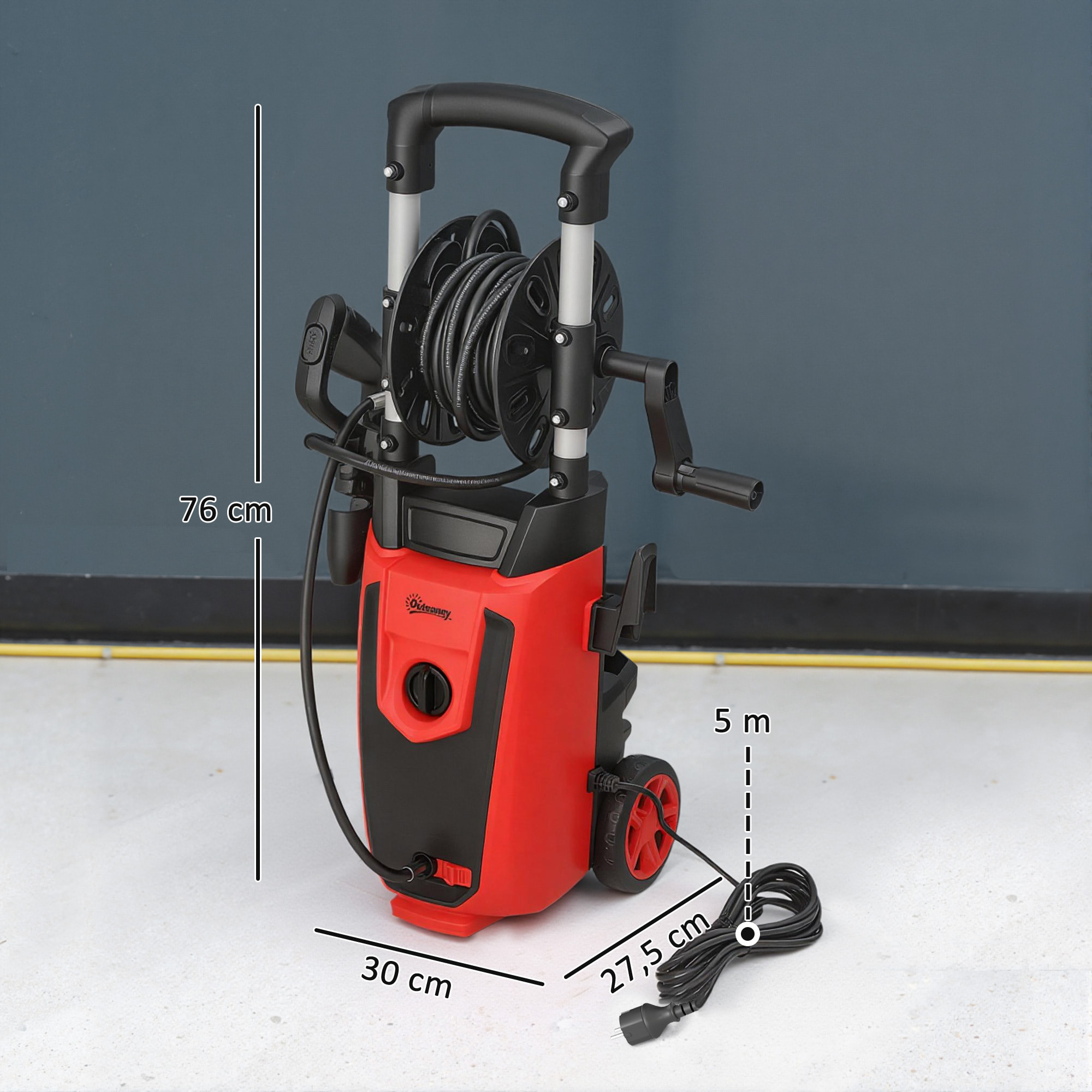 Hidrolimpiadora de Alta Presión 1800W, Presión 150 Bar, Caudal 420 L/h, con Bomba de Aluminio, Parada Automática, Manguera de 6 m, Incluye Botella de Espuma y Boquilla Ajustable, Rojo y Negro