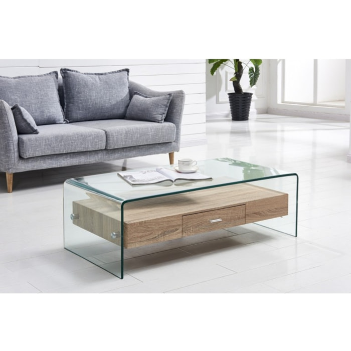 Table basse rectangulaire en verre trempé et caisson avec tiroirs - GLASS