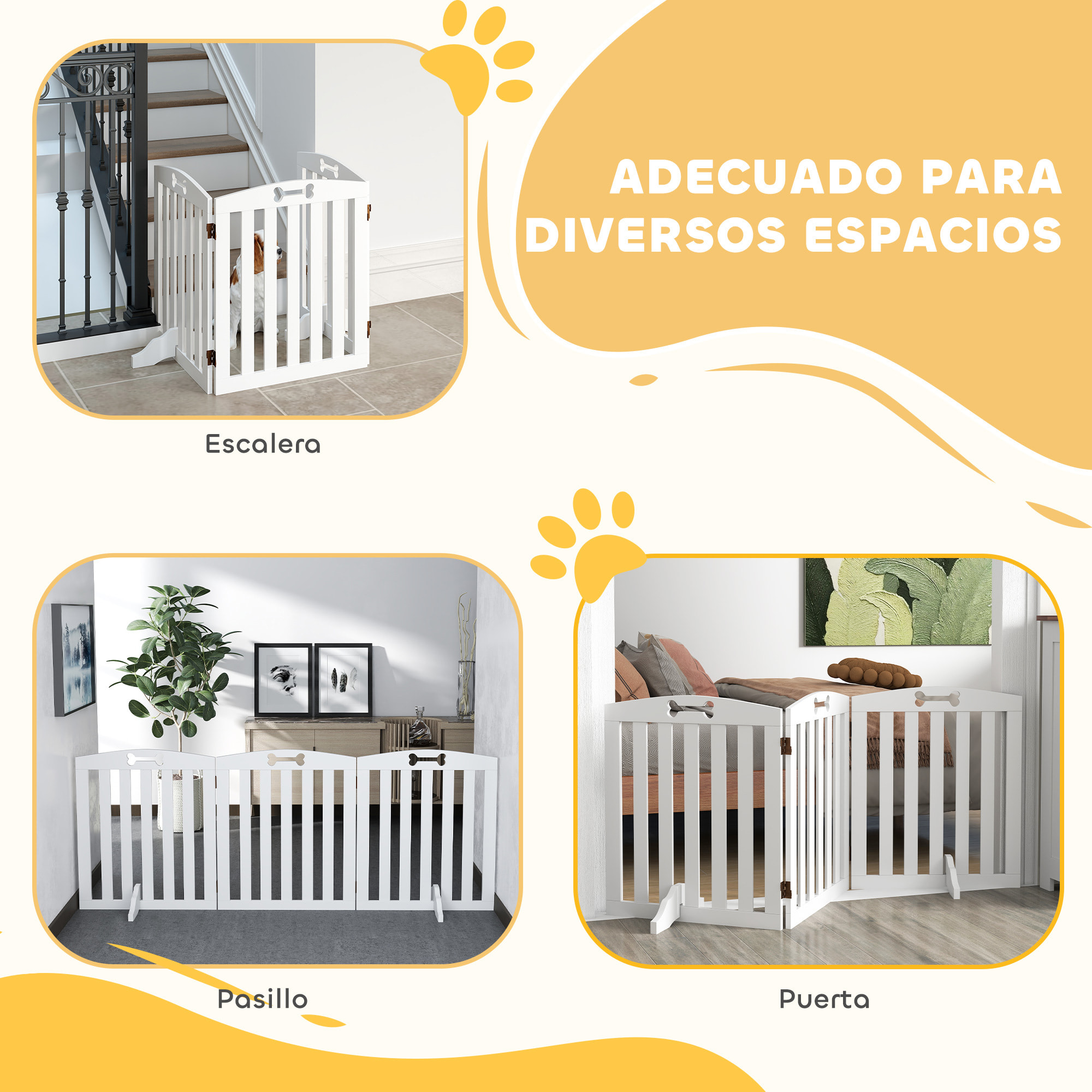 Barrera de Seguridad para Perros Plegable 155 cm, Valla para Perros Pequeños y Medianos de 3 Paneles con Pies Extraíbles, Puerta de Seguridad para Mascotas, para Escalera, Pasillo, Blanco