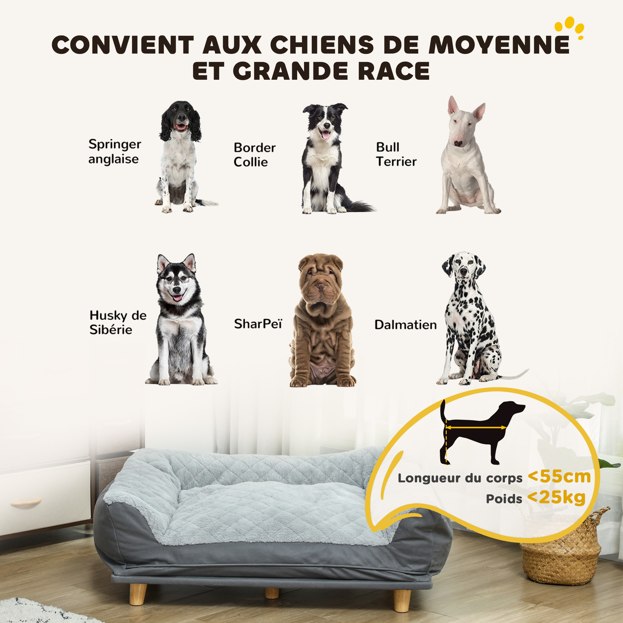 Canapé pour chien grande taille dim. 100L x 70l x 30H cm - housse zippée lavable - bois polyester gris