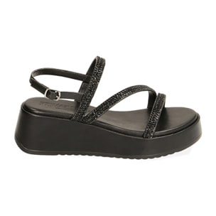 Sandalias negras con pedrería, tacón de cuña 5,5 cm