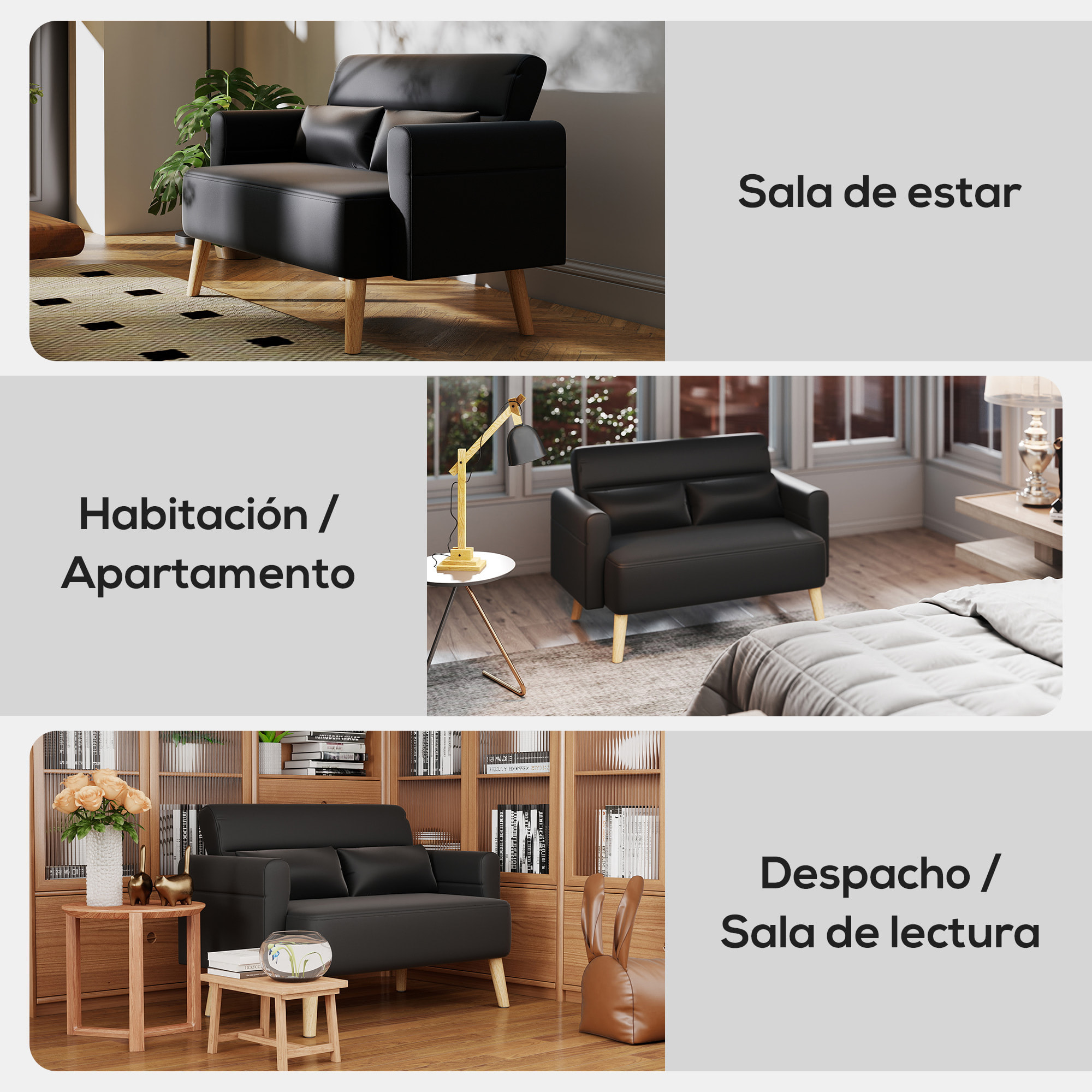 Sofá de 2 Plazas Tapizado en Cuero Sintético Sofá de Salón de 117 cm con Reposabrazos Acolchado Grueso Respaldo Acanalado y Patas de Madera para Dormitorio Sala de Estar Negro