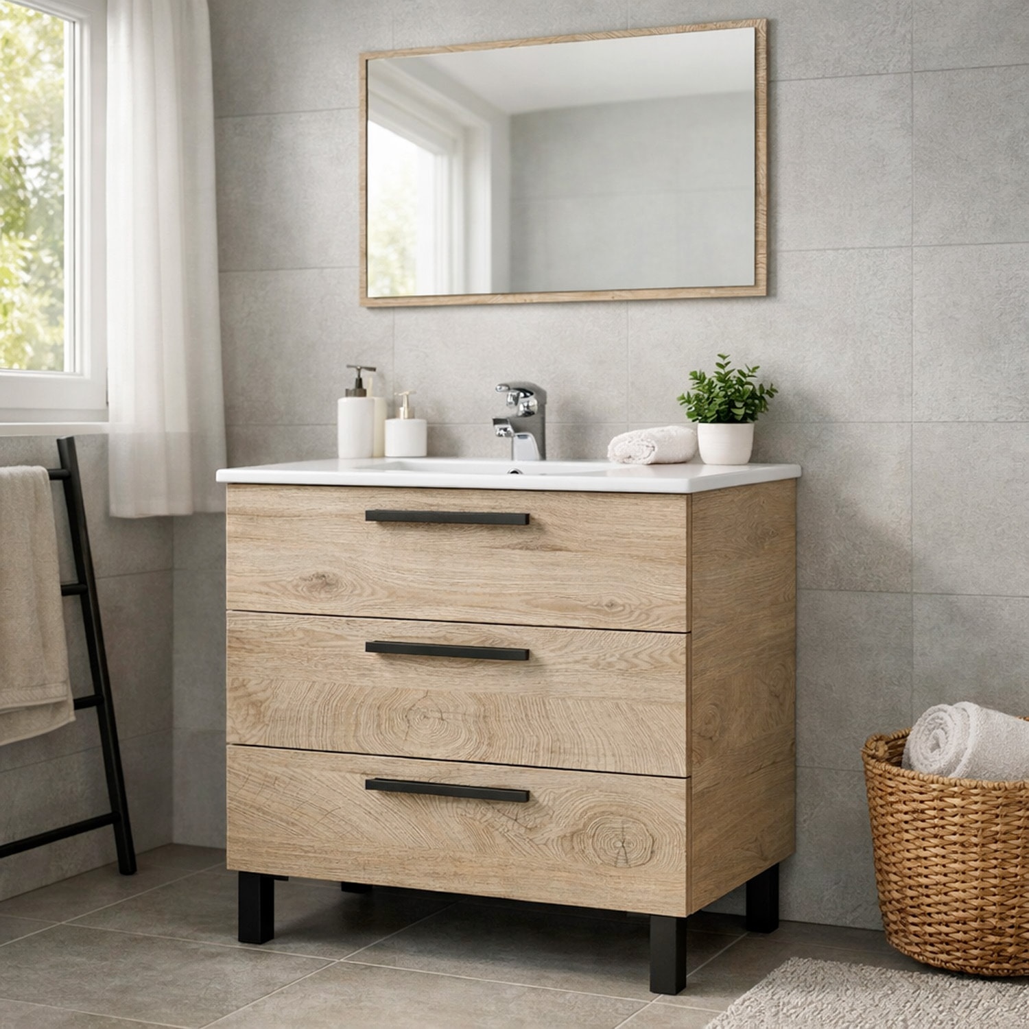 Mobile Bagno A Terra Con 3 Cassetti Lavabo In Ceramica E Specchio 77 x 50 Cm Inclusi Design Moderno Salvaspazio 80 x 45 x 86 Cm Colore Rovere Alaska