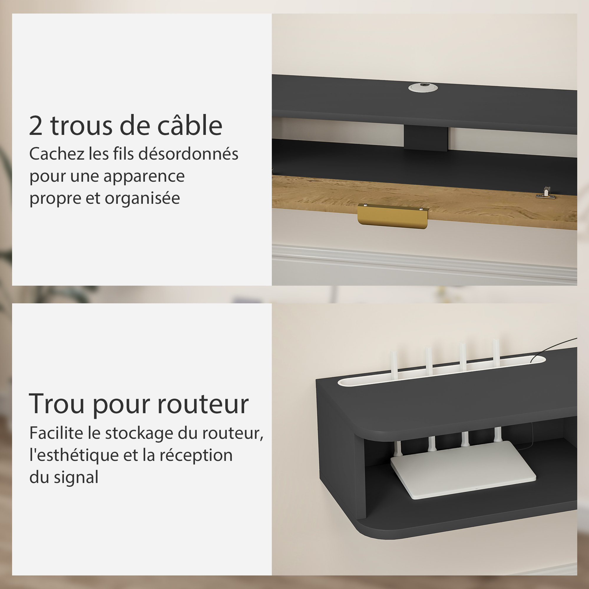 Meuble TV design suspendu - meuble TV mural - 2 niches, porte abbatante - dim. 160 x 24 x 16 cm - gris charbon effet bois