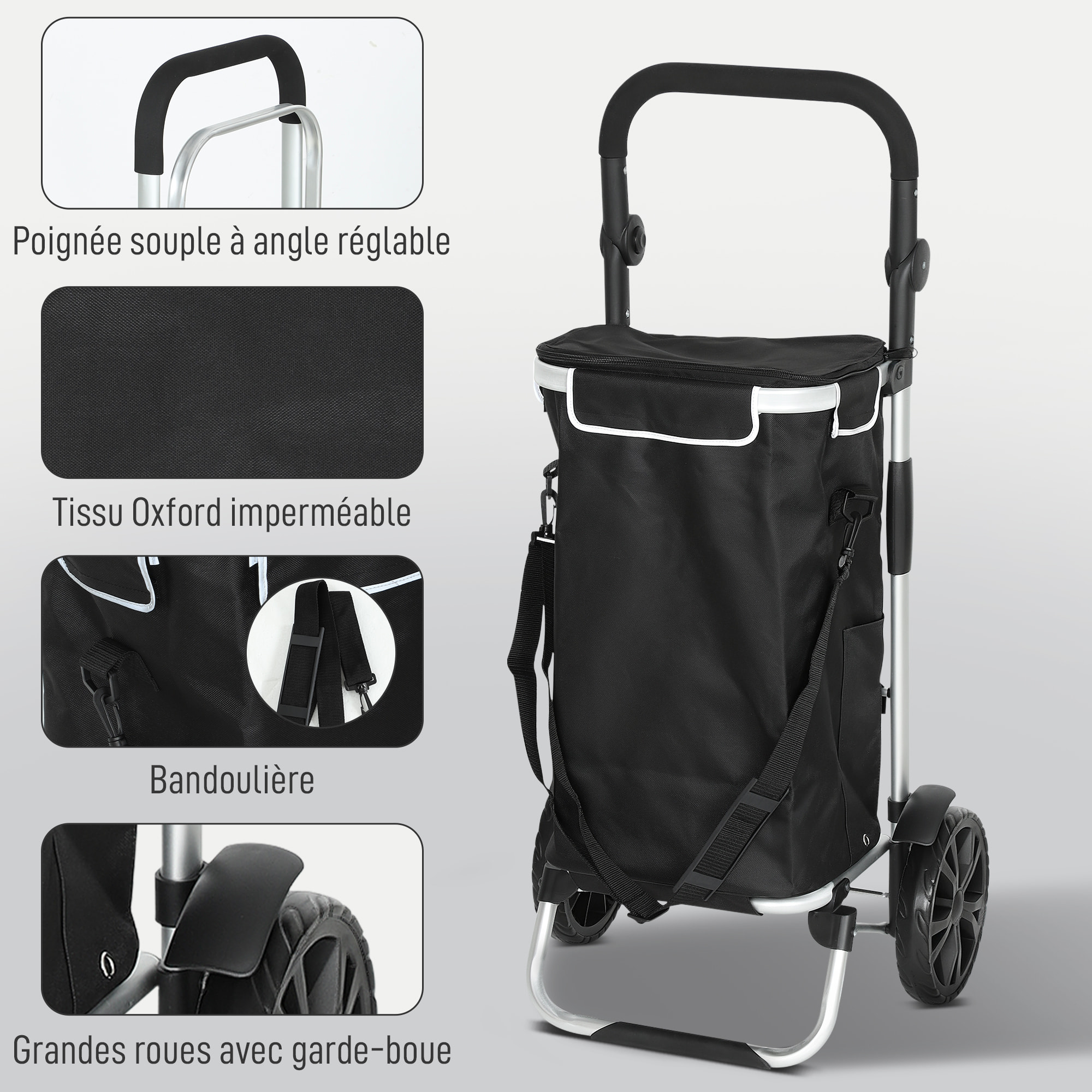 Chariot de courses pliable 3 en 1 sac à bandoulière 40L chariot transport poignée réglable compartiment isotherme alu noir