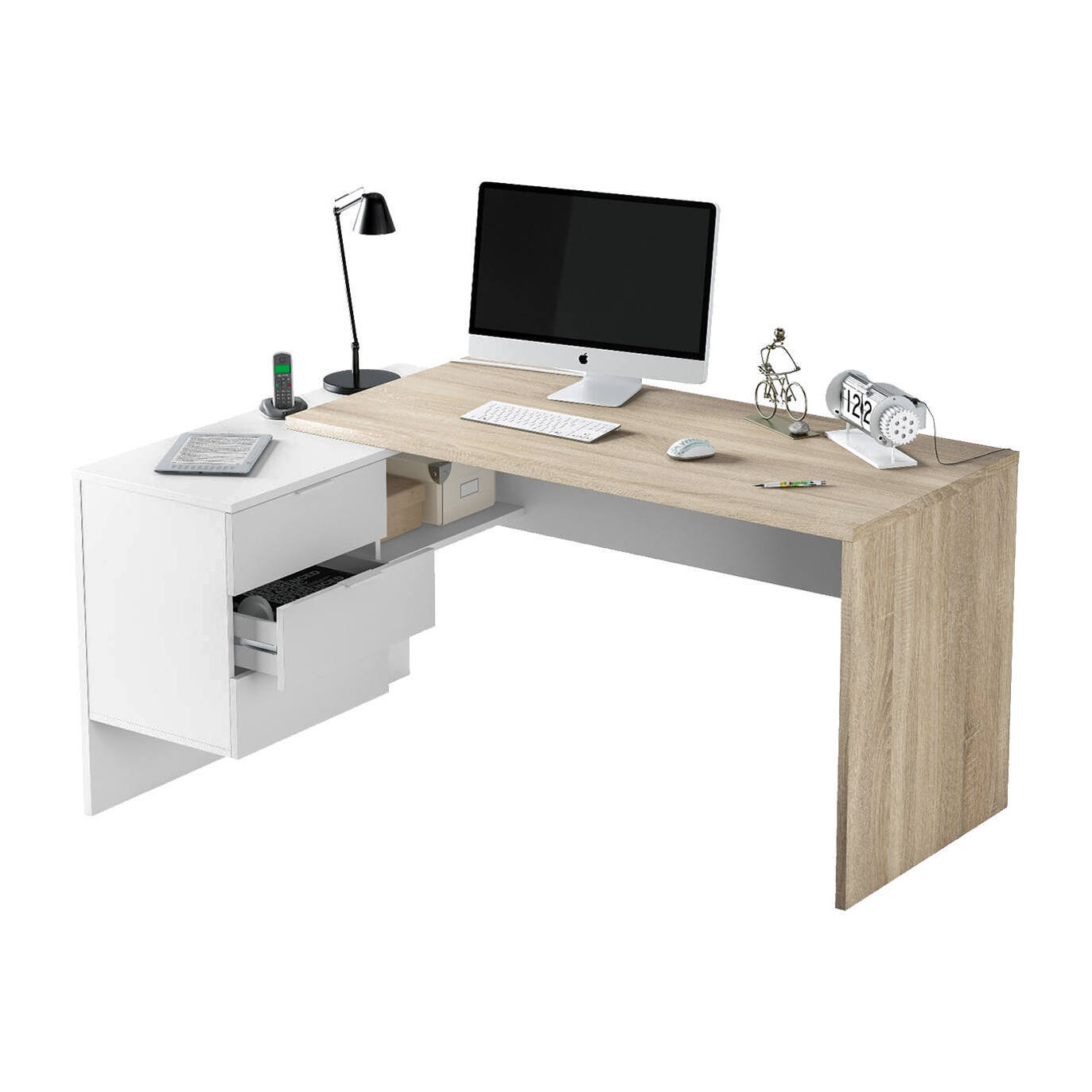 Scrivania Agnello, Scrittoio multifunzione reversibile da ufficio con cassettiera, Tavolo da studio o ufficio porta PC ad angolo, 145x108h73 cm, Rovere e Bianco