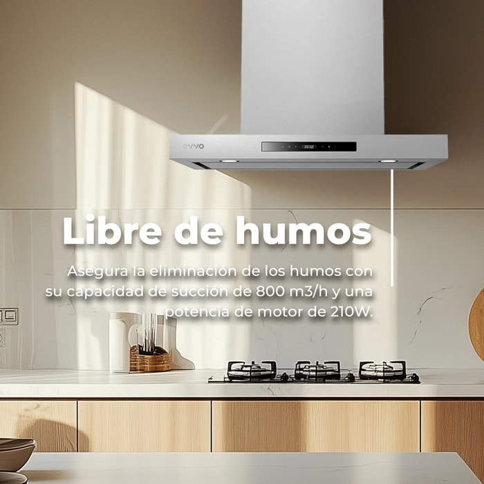 EVVO Campana Extractora 60 cm Ancho Decorativa, Acabado Inox, Potencia 800 m³/h, Filtros de Aluminio y Carbón Activo, Control Táctil y Gestual, Eficiencia Energética A++, CE32 Inox