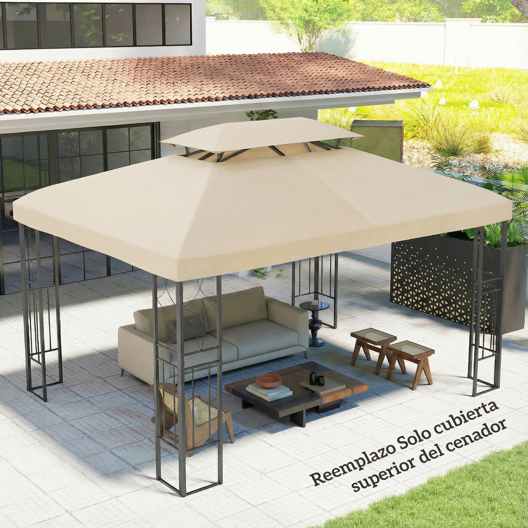 Techo de Repuesto para Cenador, 4x3 m, Cubierta de Repuesto con Techo Doble, 10 Orificios de Drenaje y Protección UV, SOLO Toldo de Recambio para Pabellón Gazebo, Blanco Crema