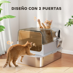 Arenero para Gatos de Acero Inoxidable XXL, Caja de Arena para Gatos Grandes, Arenero con Tapa Abatible, Laterales Altos, Entrada Superior, Pala, sin Olores, Fácil de Limpiar, Antifugas, Gris