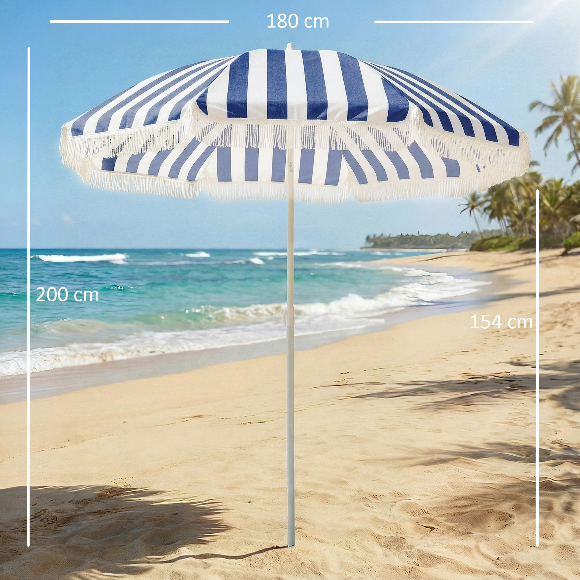 Sombrilla de Playa con Flecos Ø180 cm, Sombrilla de Terraza Exterior con Altura Ajustable, Inclinación 30°, Anclaje Arena y Bolsa de Transporte, Azul y Blanco