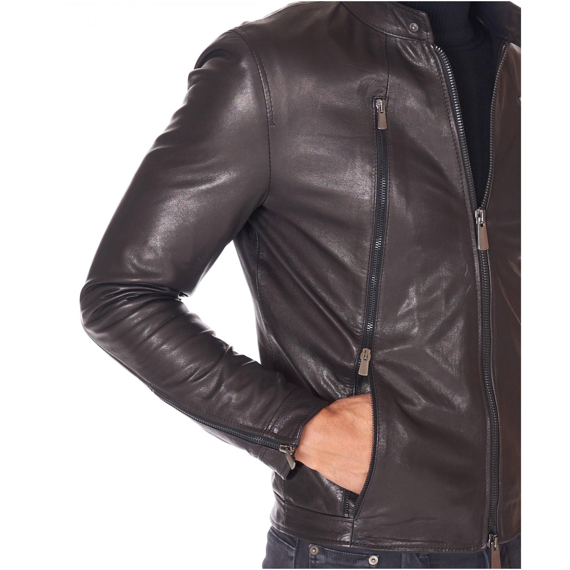 Giacca biker in pelle naturale nera due tasche