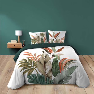 Parure de lit 3 pièces 100 % coton imprimé à motif tropical housse + taies - Vert
