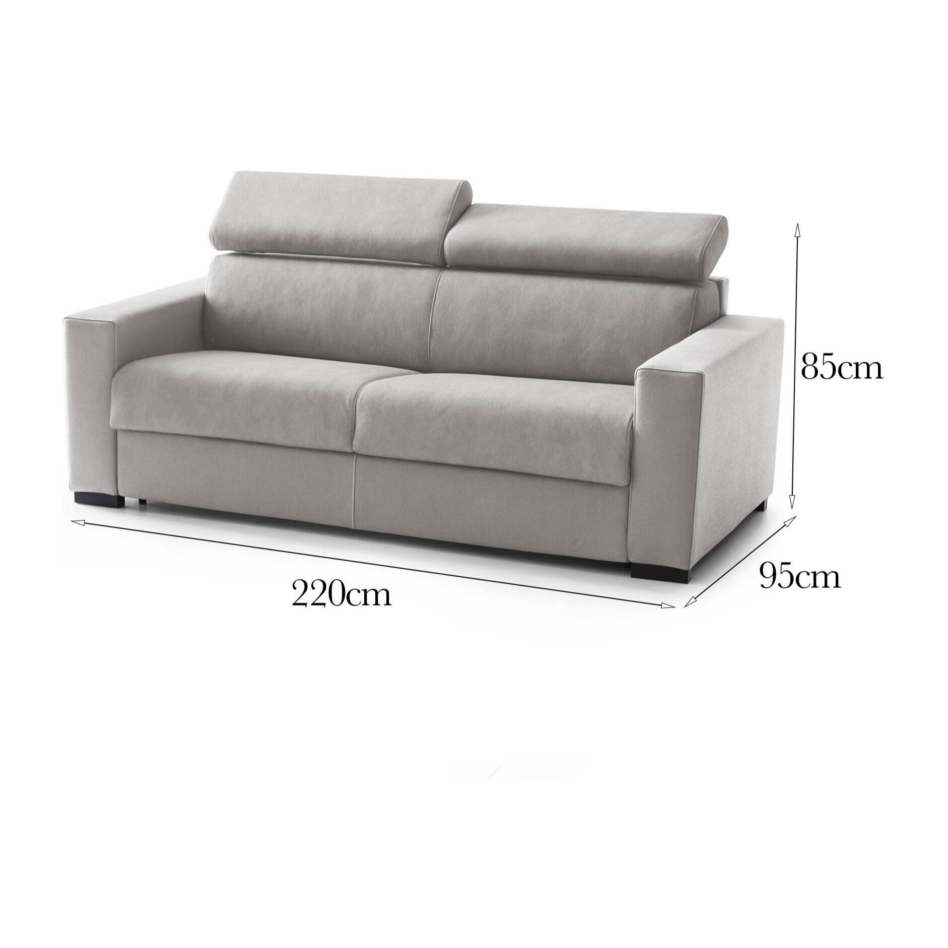 Divano fisso Julia, Divano a 3 posti, 100% Made in Italy, Sofà Soggiorno, in tessuto imbottito, con poggiatesta regolabili e Braccioli standard, Cm 220x95h85, Grigio