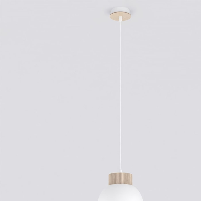Lampada a sospensione Vigo in acciaio bianco e legno naturale