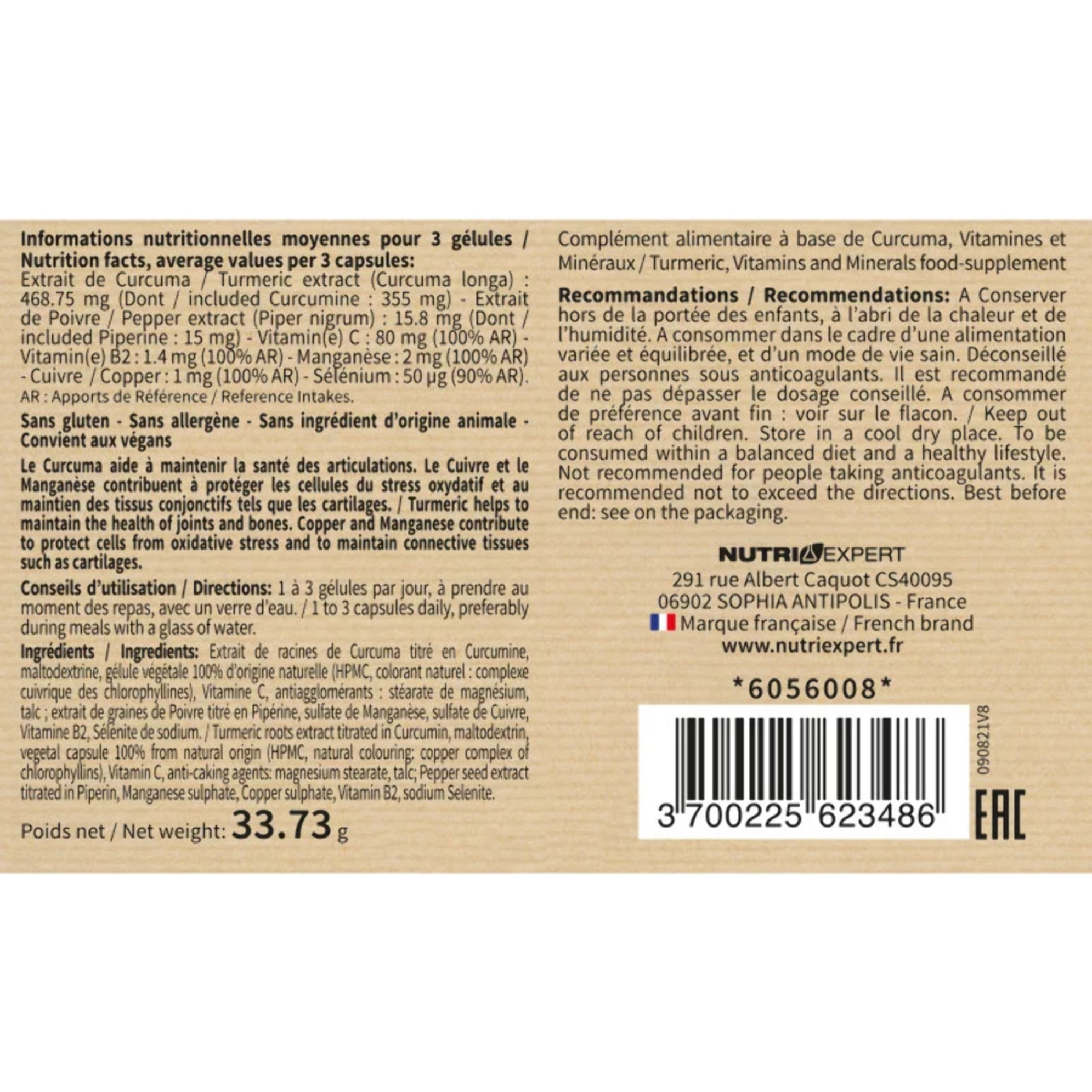 NUTRI EXPERT - Curcuma Synergy + - Maintien la santé des articulations, os et cartilages - Enrichi en minéraux Antioxydants - Contribue à la formation de collagène - Vegan - Lot de 2 produits