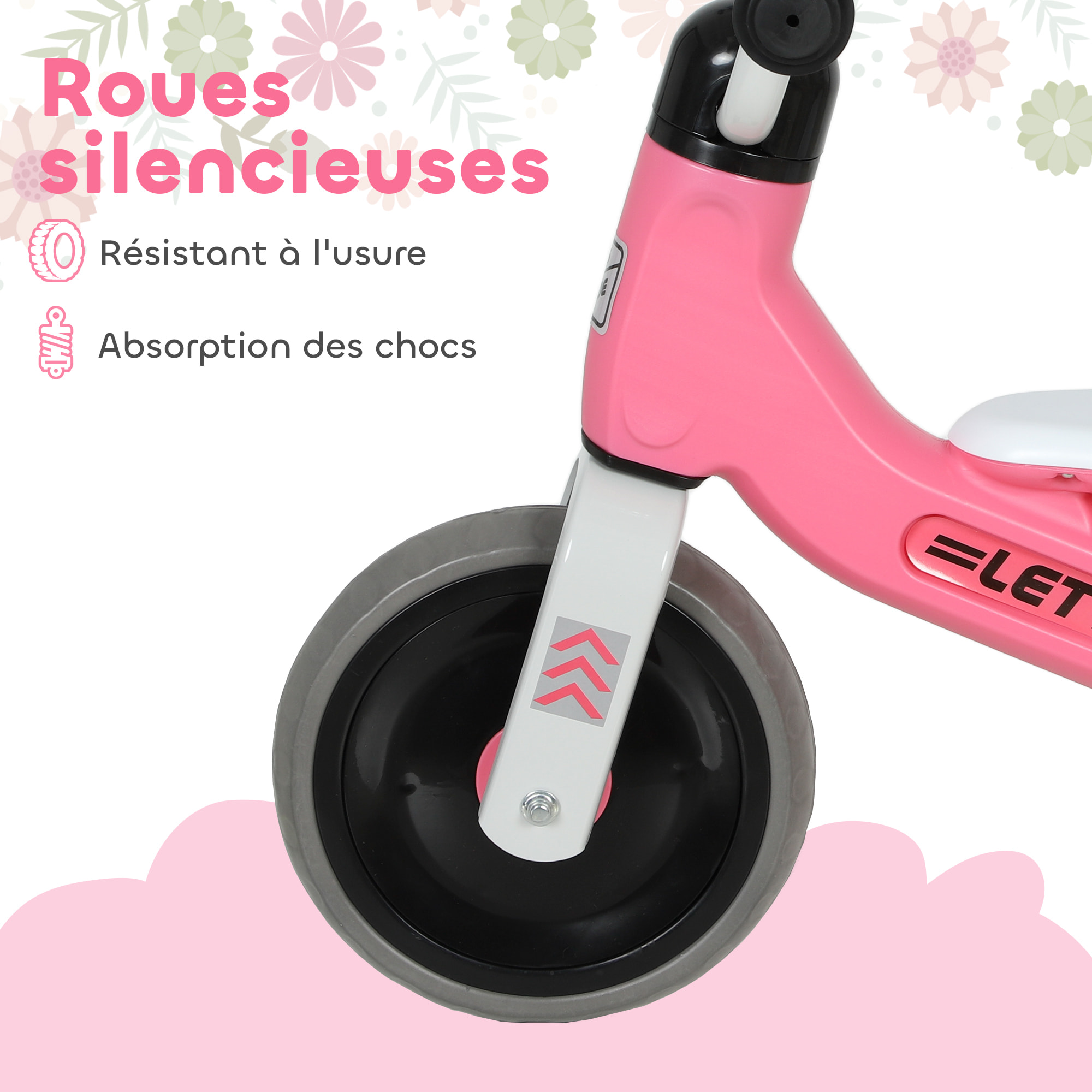 Draisienne 3 roues enfant 12-36 mois pneu EVA silencieux grande selle métal rose blanc
