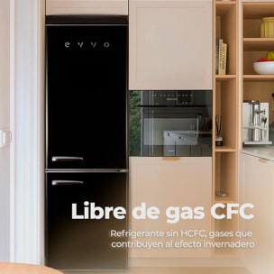 EVVO Frigorífico combi F55 Retro Negro, 216 L + 84 L, diseño vintage, Crisper Zone, Turbo Fan, silencioso