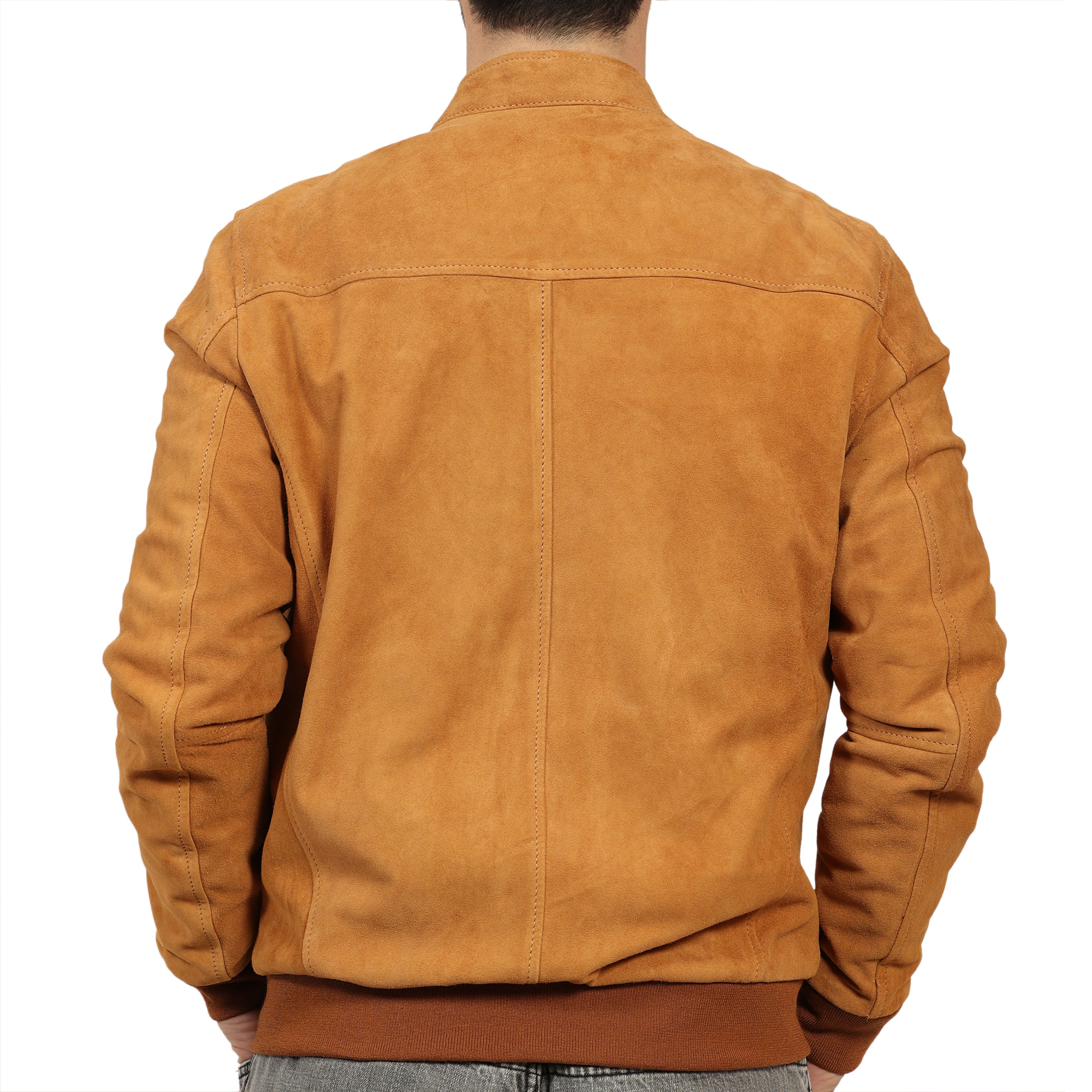 Giubbino in vera pelle di vitello scamosciata Cognac-Slim Fit