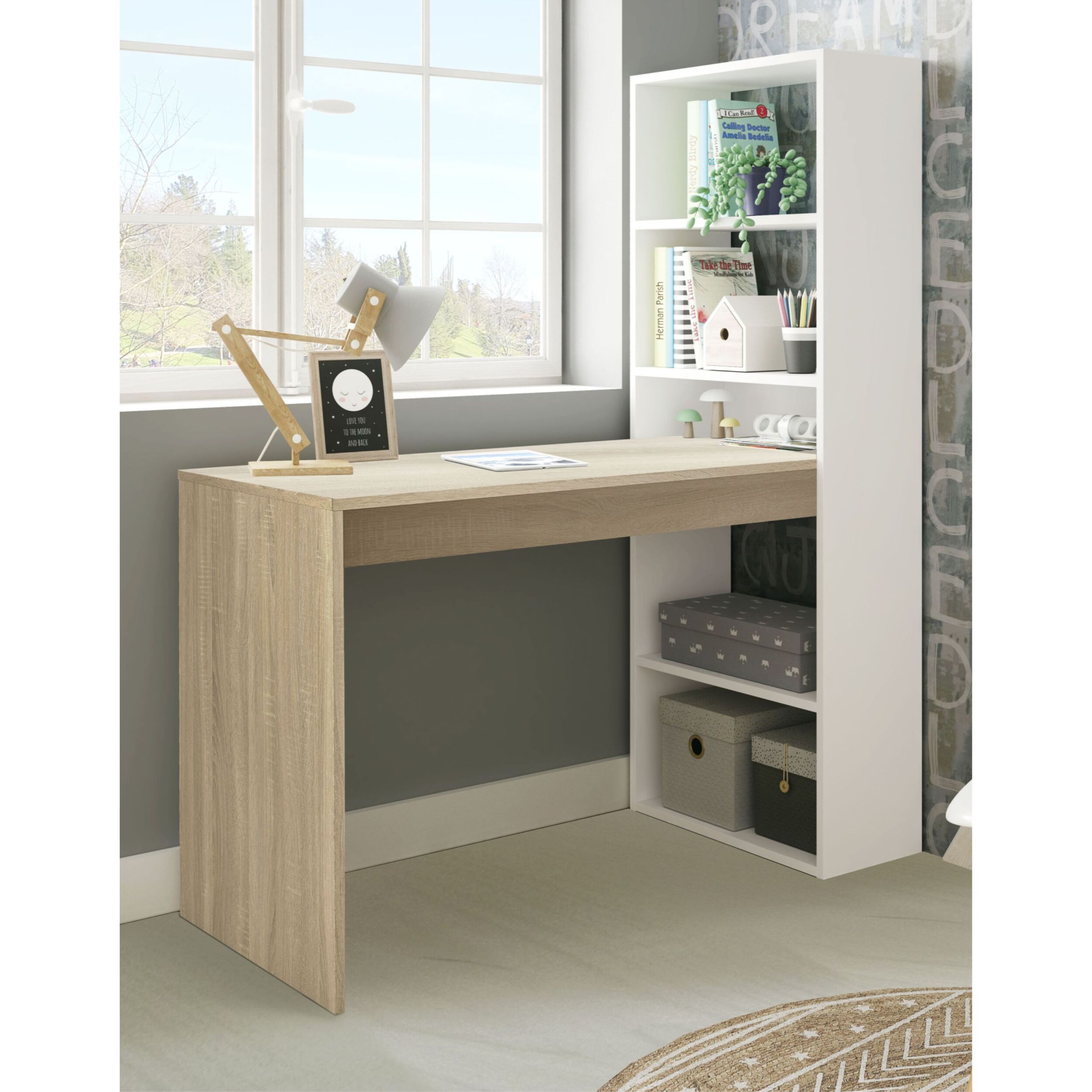 Scrivania Con Libreria Reversibile Kirkensen Scrittoio Scaffali Laterali Mobile Desk da Ufficio Soggiorno Sala Da Pranzo 120x144x53 Cm Bianco e Rovere