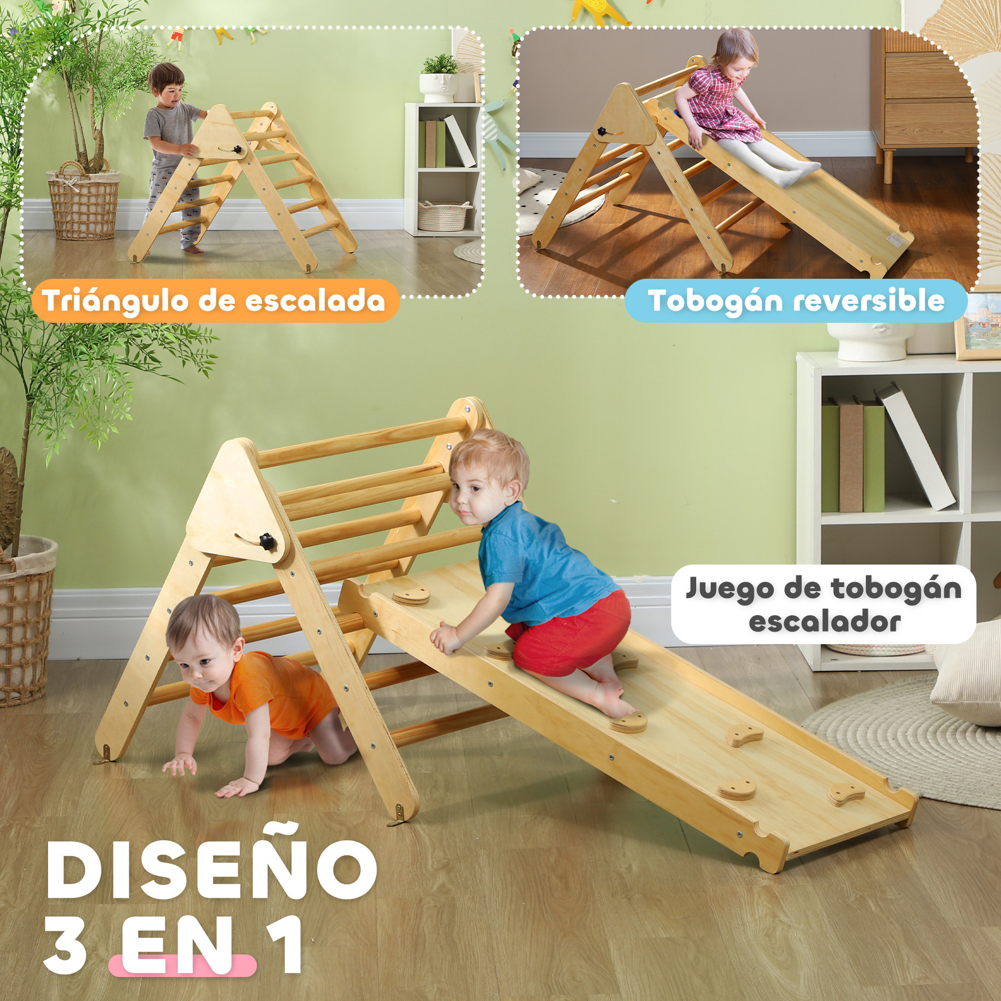 3 en 1 Triángulo de Escalada Montessori, Escalada para Niños de Madera Plegable, para18-48 Meses, con Rampa, para Deslizarse o Escalar, 147x64,5 cm, Natural