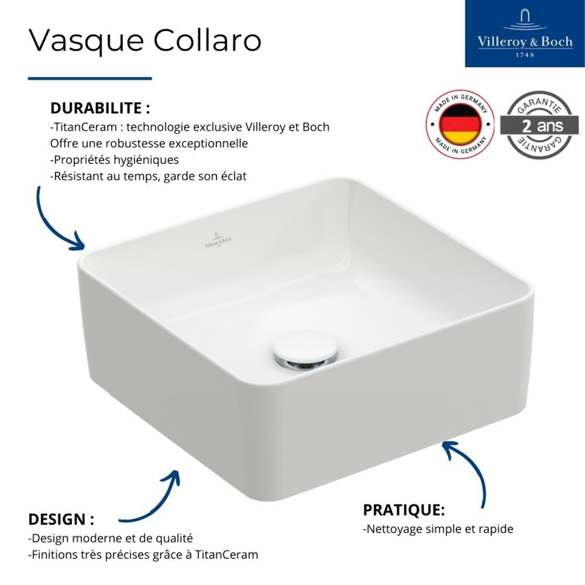 Vasque a poser carree Collaro Blanc CeramicPlus