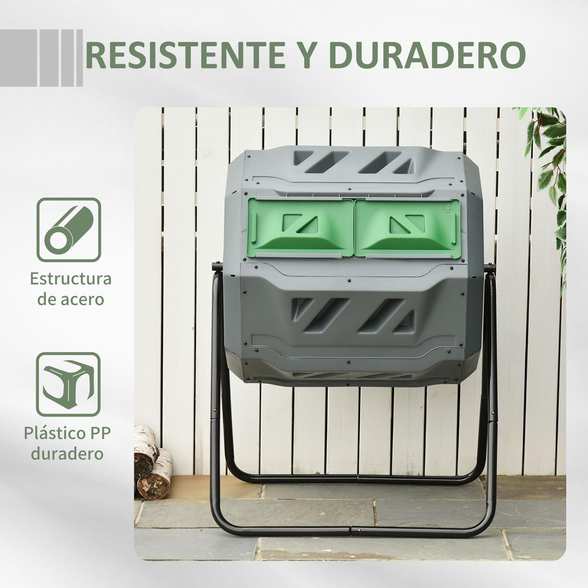 Compostador de Tambor Giratorio Contenedor de Compostaje de Doble Cámara con Capacidad 160 litros y Ventilación Marco de Acero para Residuos Orgánicos de Jardín 71x64x96cm Gris