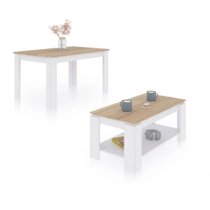 Pack mesa de comedor 123 y mesa de centro Lya Blanco Artik (Blanco Mate) - Roble Canadian