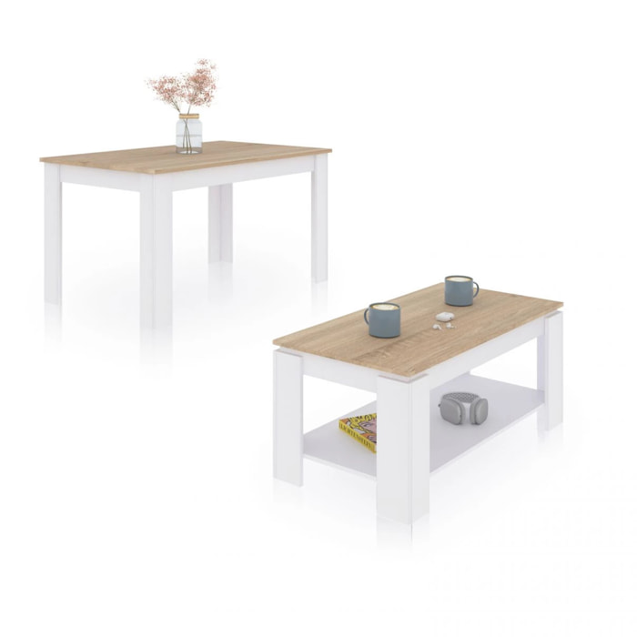 Pack mesa de comedor 123 y mesa de centro Lya Blanco Artik (Blanco Mate) - Roble Canadian