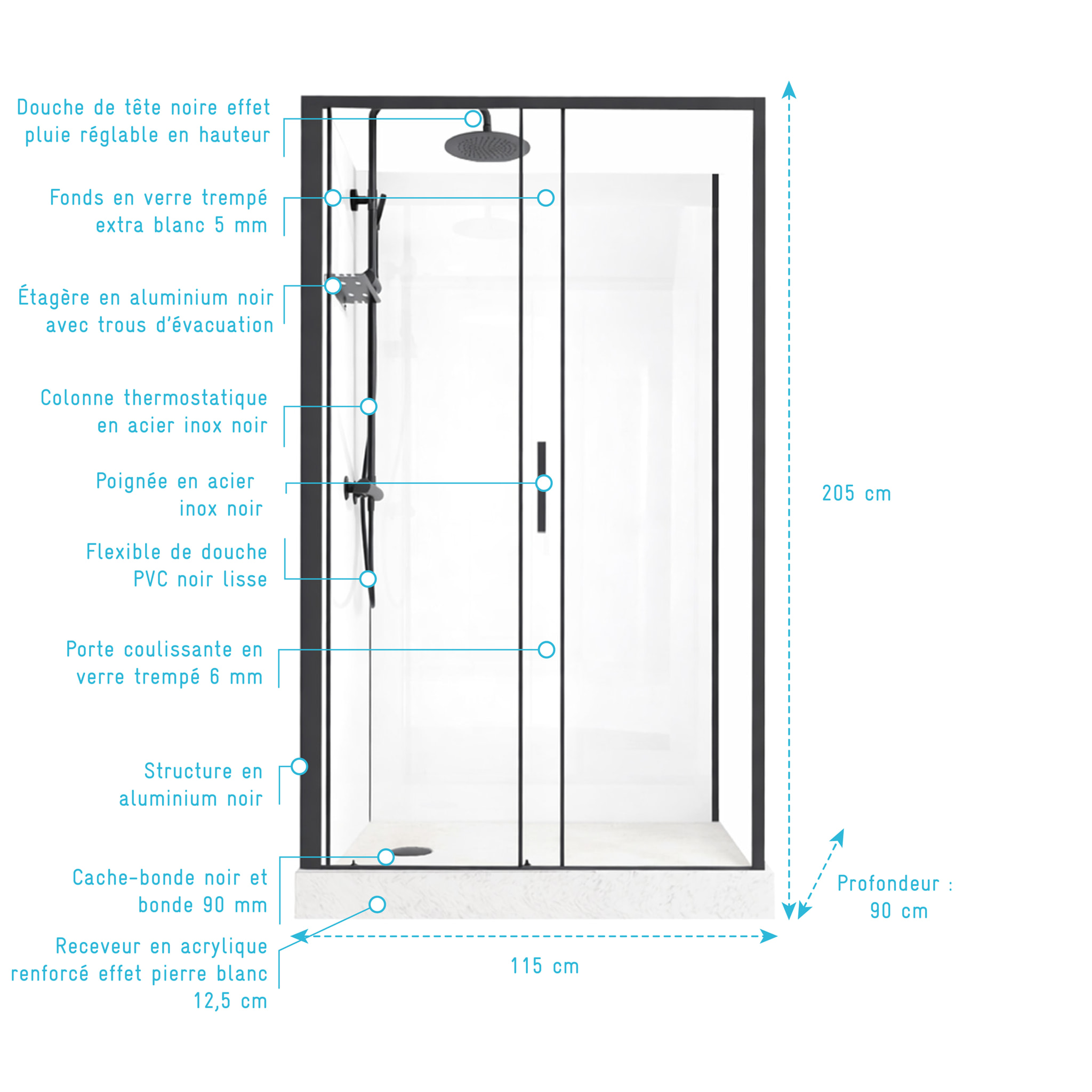 Cabine de Douche Rectangle 115x90 - Colonne Thermostatique Noire et Receveur Haut Effet Pierre