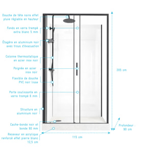 Cabine de Douche Rectangle 115x90 - Colonne Thermostatique Noire et Receveur Haut Effet Pierre
