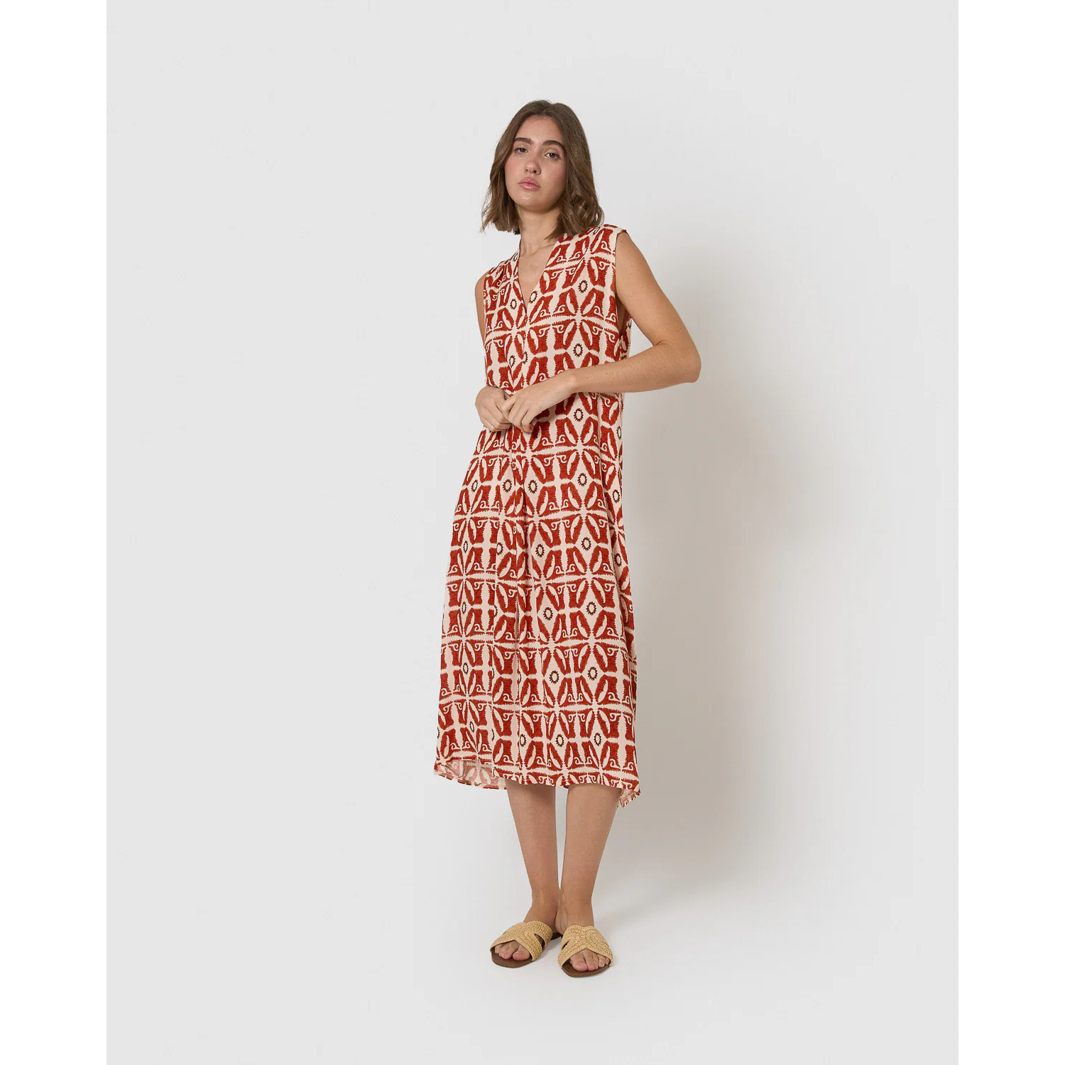 Vestido midi bambula detalles plisados catania teja