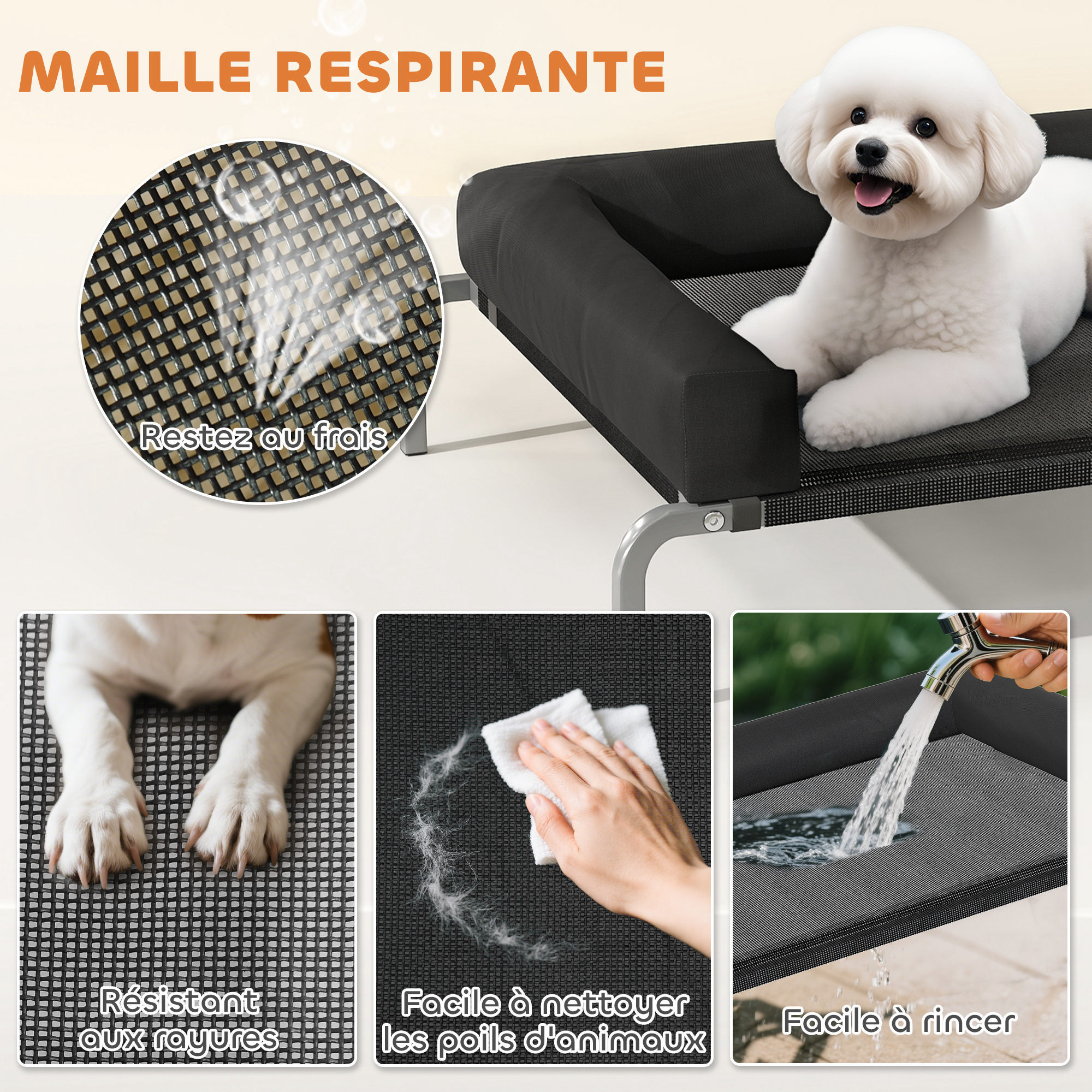 Transat pour animaux - lit pour chien - lit à pieds pour chien avec contour coussin dim. 90 x 65 x 30 cm - noir