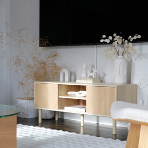 Mueble de TV, Mesa de TV 115 cm, Mueble para Televisión hasta 50 Pulgadas, con Puertas Correderas, Estantes Abiertos, Orificios para Cables, para Salón, Comedor, Dormitorio, Natural