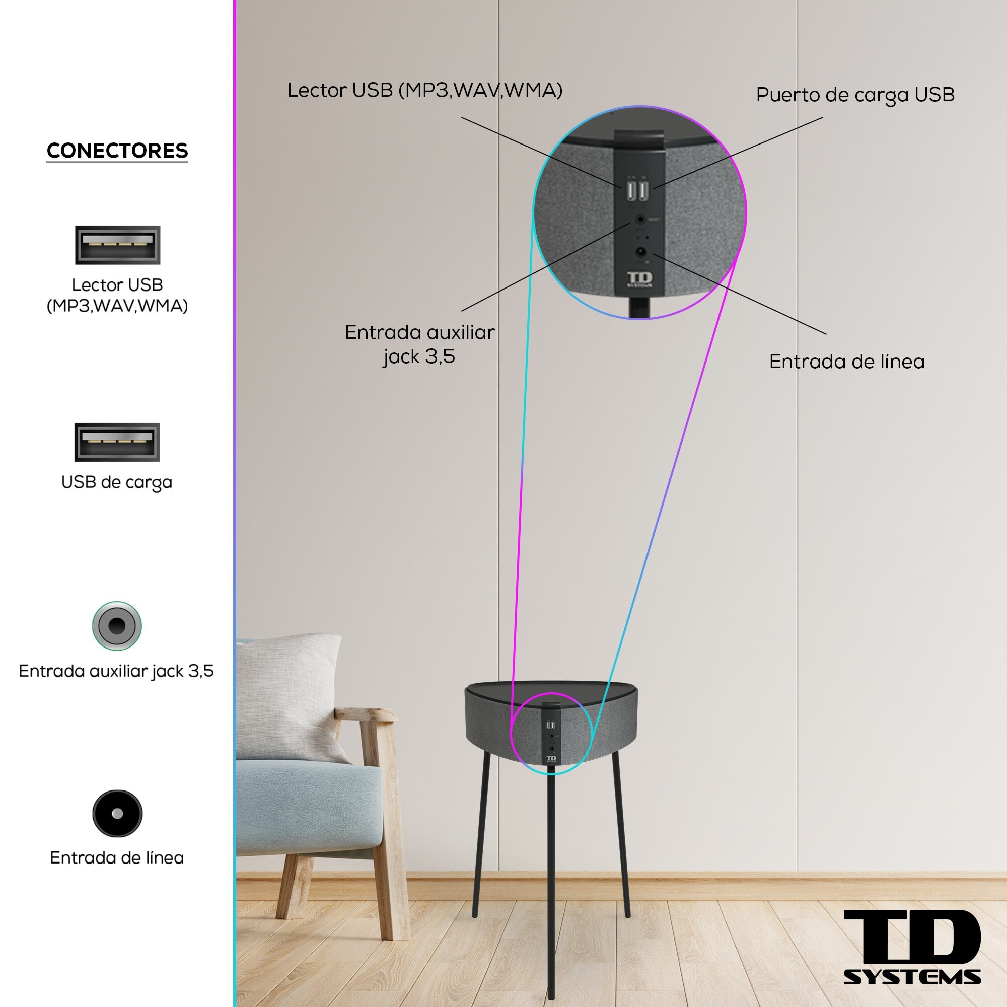 Mesa auxiliar altavoz portátil con sonido de 20W, Bluetooth, Base de carga inalámbrica, batería de 2500mAh. Mesilla o mesita para dormitorio o sala de estar - TD Systems SM20B11P
