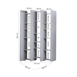 Bibliothèque L141 cm paravent asymétrique 18 étagères grise - XPESCA
