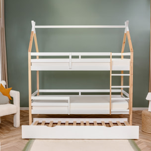 Lit Cabane superposé tiroir sommier bois blanc 90x190cm - Hypnia