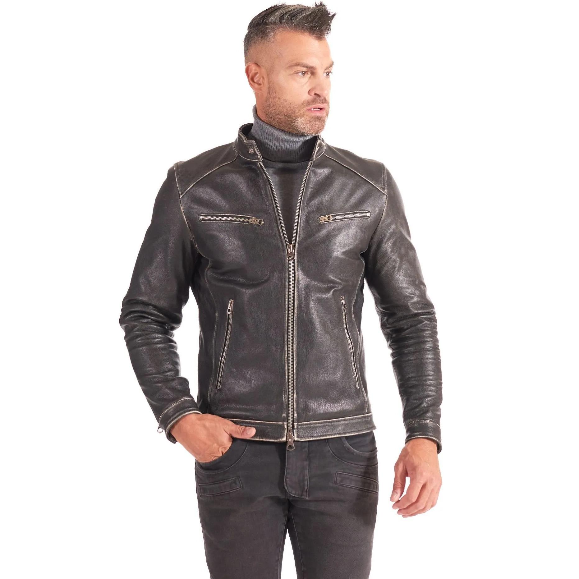 Giacca biker in pelle nera vintage effetto invecchiato