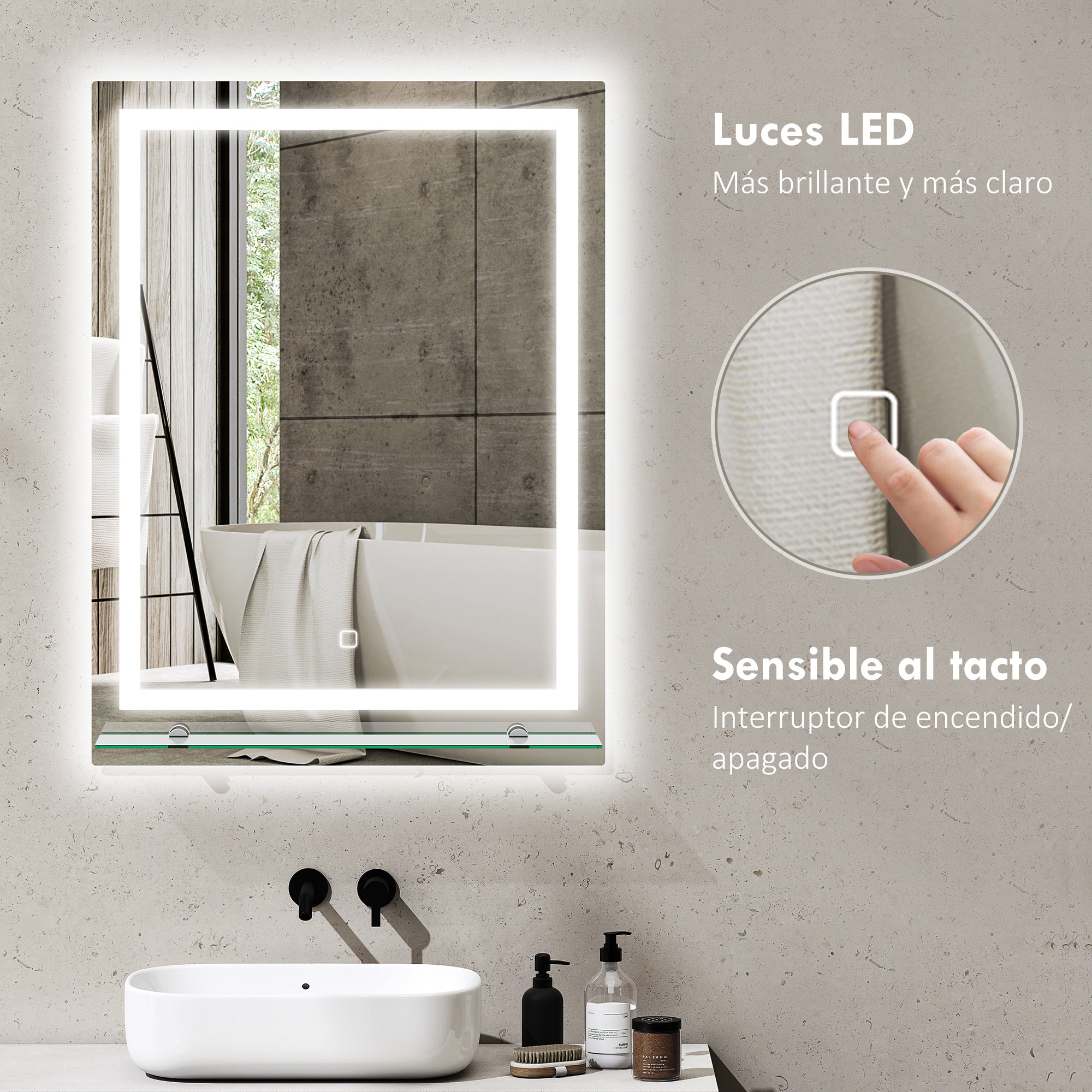 Espejo de Baño con Luces LED, 60x80 cm, Espejo de Pared, 3 Colores de Luz, Brillo Regulable, Estante de Vidrio, Función de Memoria, Interruptor Táctil, IP44, Vertical