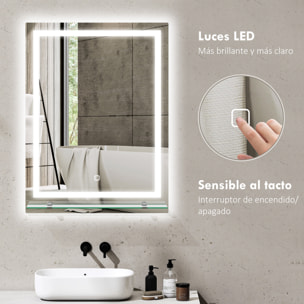 Espejo de Baño con Luces LED, 60x80 cm, Espejo de Pared, 3 Colores de Luz, Brillo Regulable, Estante de Vidrio, Función de Memoria, Interruptor Táctil, IP44, Vertical