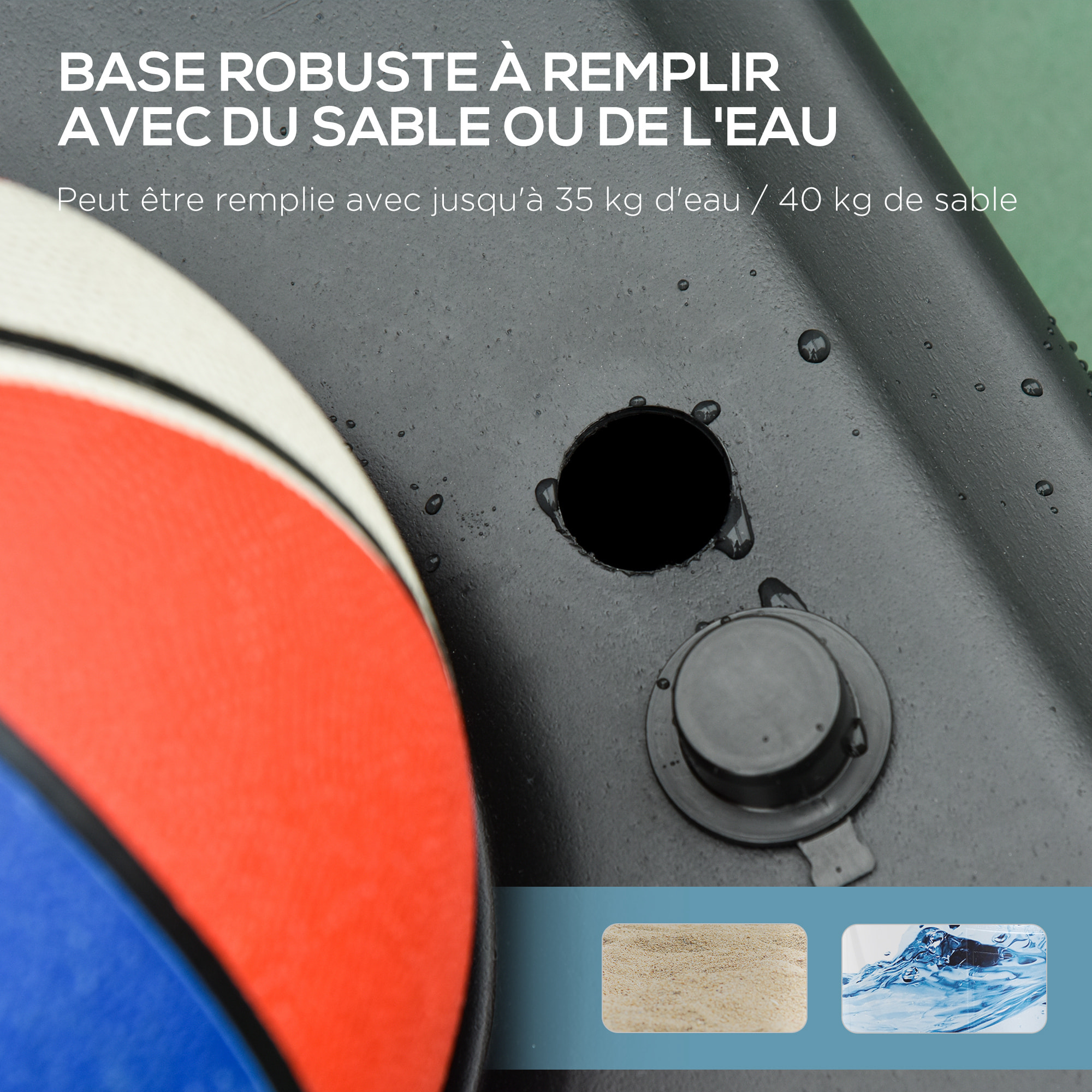 Panier de Basket-Ball sur pied avec poteau panneau - base de lestage sur roulettes - hauteur réglable 5 niveaux 2,45-2,95 m - acier HDPE noir rouge