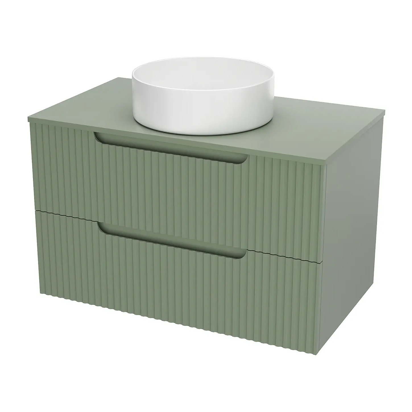 Meuble de Salle de Bains LEON 80cm Vert Olive - 2 Tiroirs en MDF Ondules - Vasque Ronde 36cm