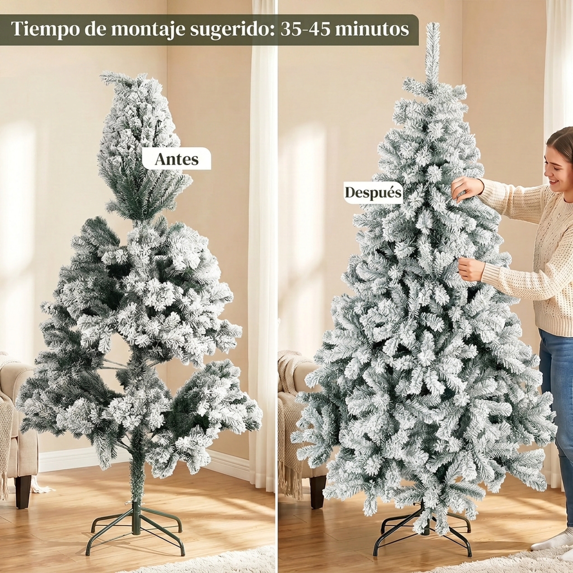Árbol de Navidad Nevado de 180 cm, Árbol de Navidad de Abeto con Ramas Articuladas, 650 Puntas de PVC Ignífugo, Montaje Rápido, Soporte de Acero Plegable, Verde y Blanco