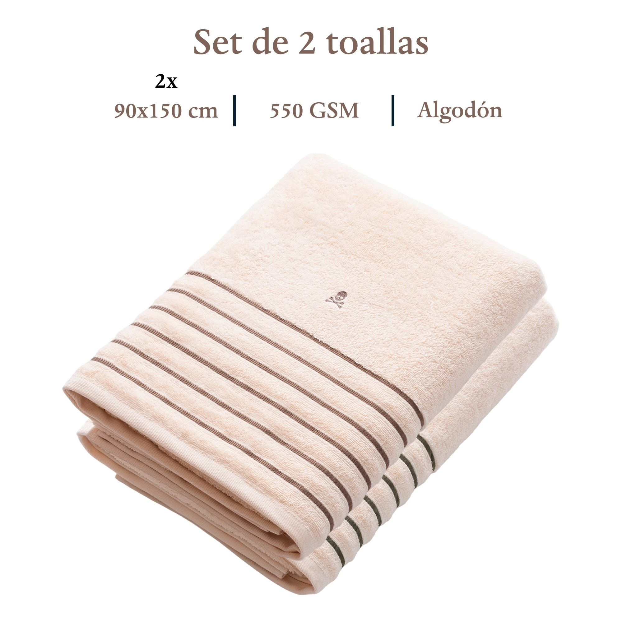 Set de 2 toallas de ducha (150x90), 100% algodón, 470 gsm, en color beige con raya verde y raya marrón, scalpers home