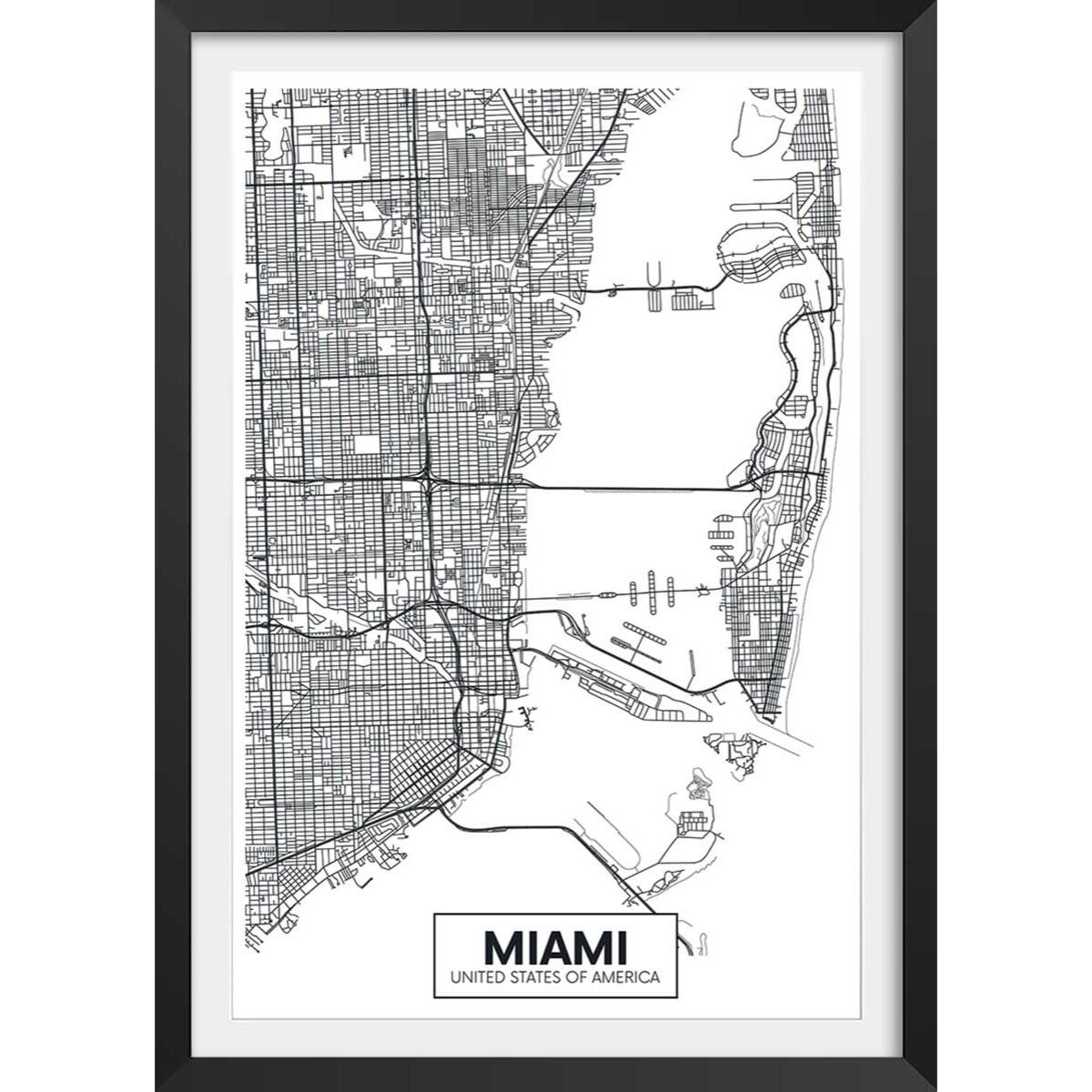 Affiche graphique miami usa Affiche + cadre en bois - Noir