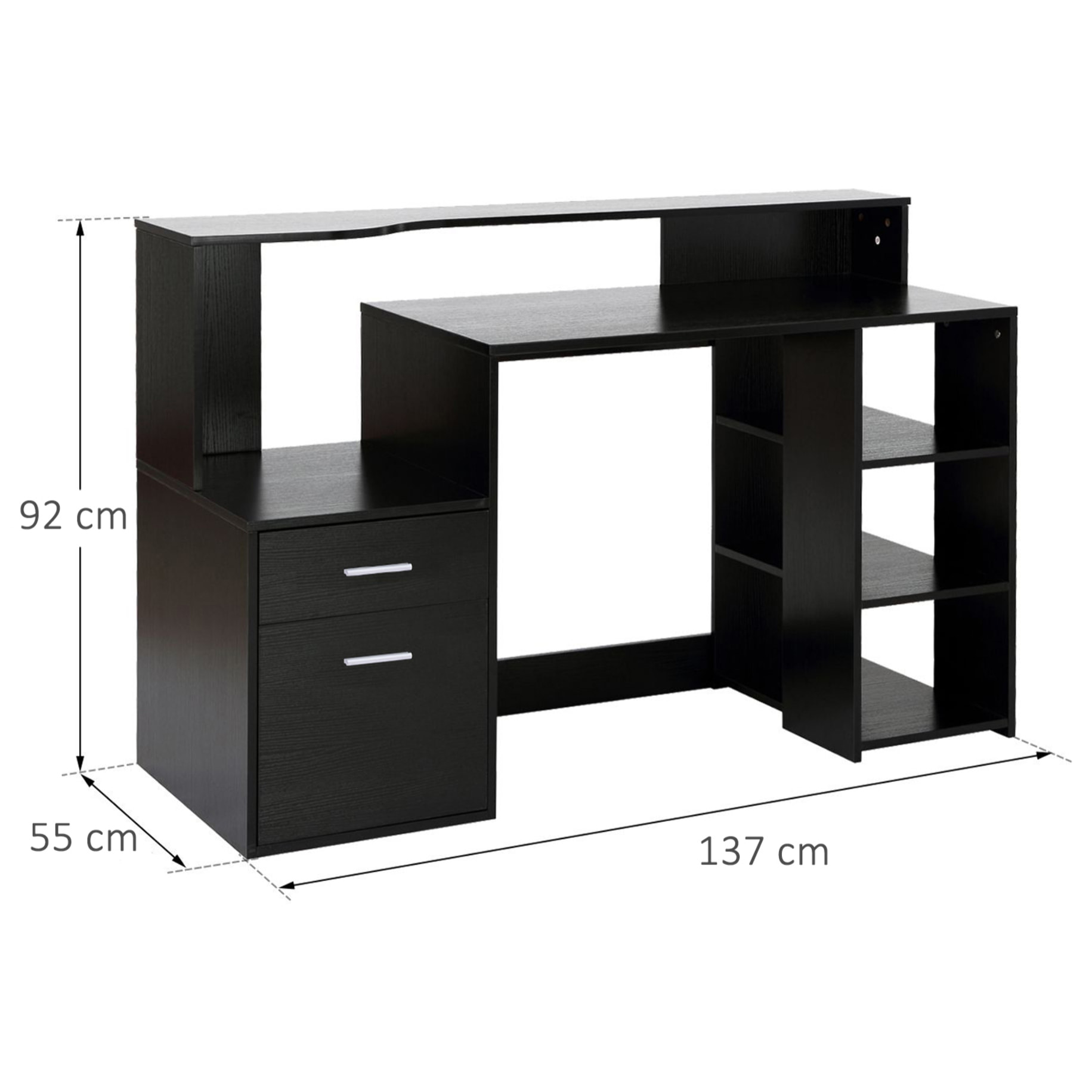 Bureau Informatique multimédia Design Multi-rangements 137 L x 55 l x 92 H cm noir