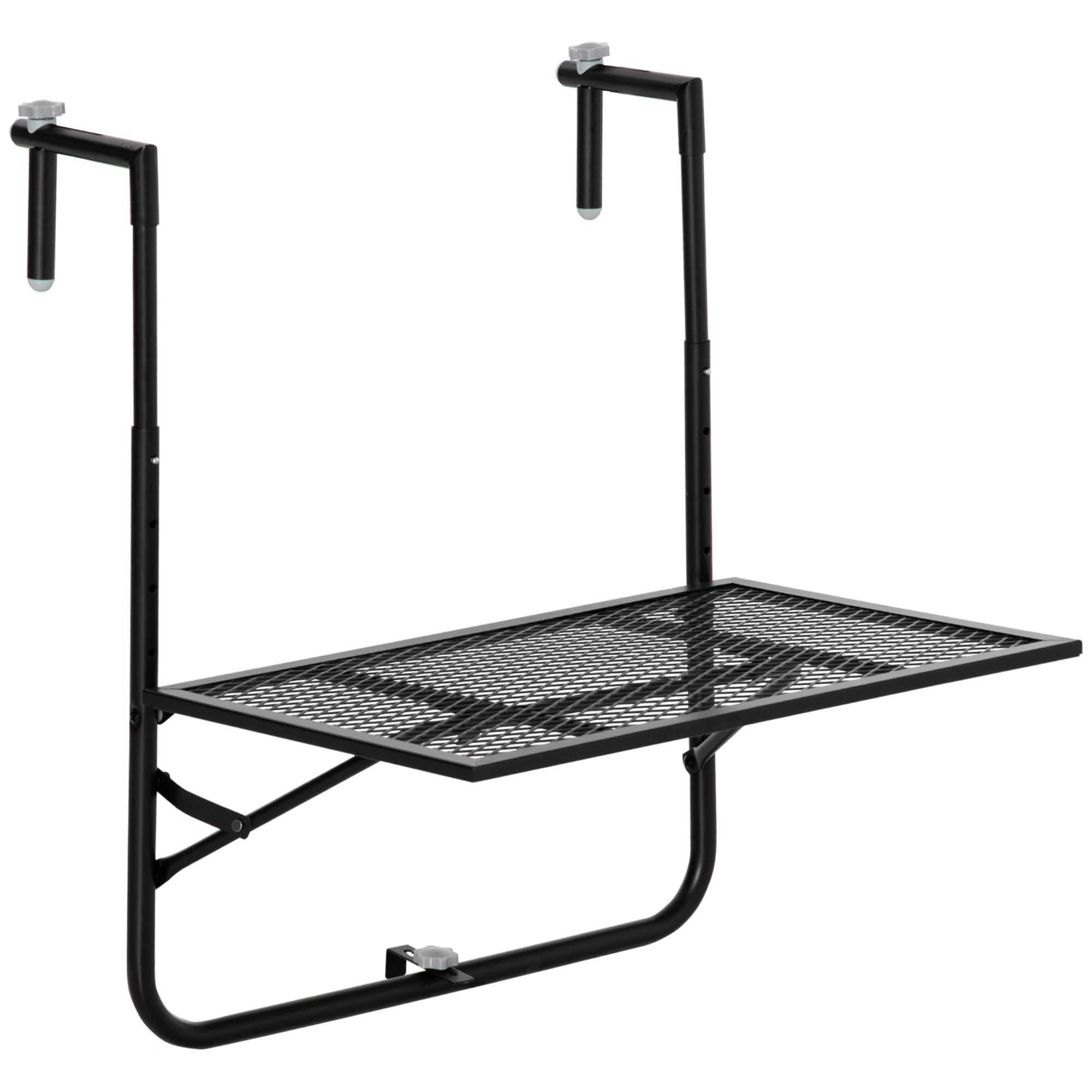 Mesa Colgante de Balcón, Mesa Plegable para Balcón de Metal para Barandilla, con Altura Ajustable en 4 Niveles, Carga 10 kg, para Terraza, Jardín, Exterior, 60x60x57-72 cm, Negro
